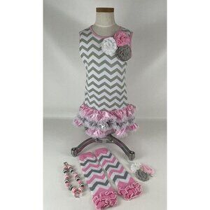 Girls Dress 5/6 Tutu Large Pink Chevron Boutique Dress Up Party 5 Pc Set New